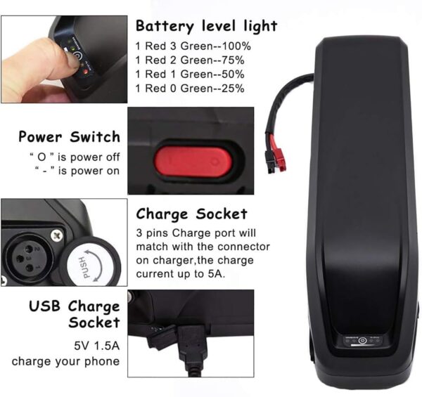 E-Bike Lithium Battery 48V, Electric Bicycle Battery 48V 17.5Ah with Charger, 5-Pin USB Port for 1000W-250W Motor